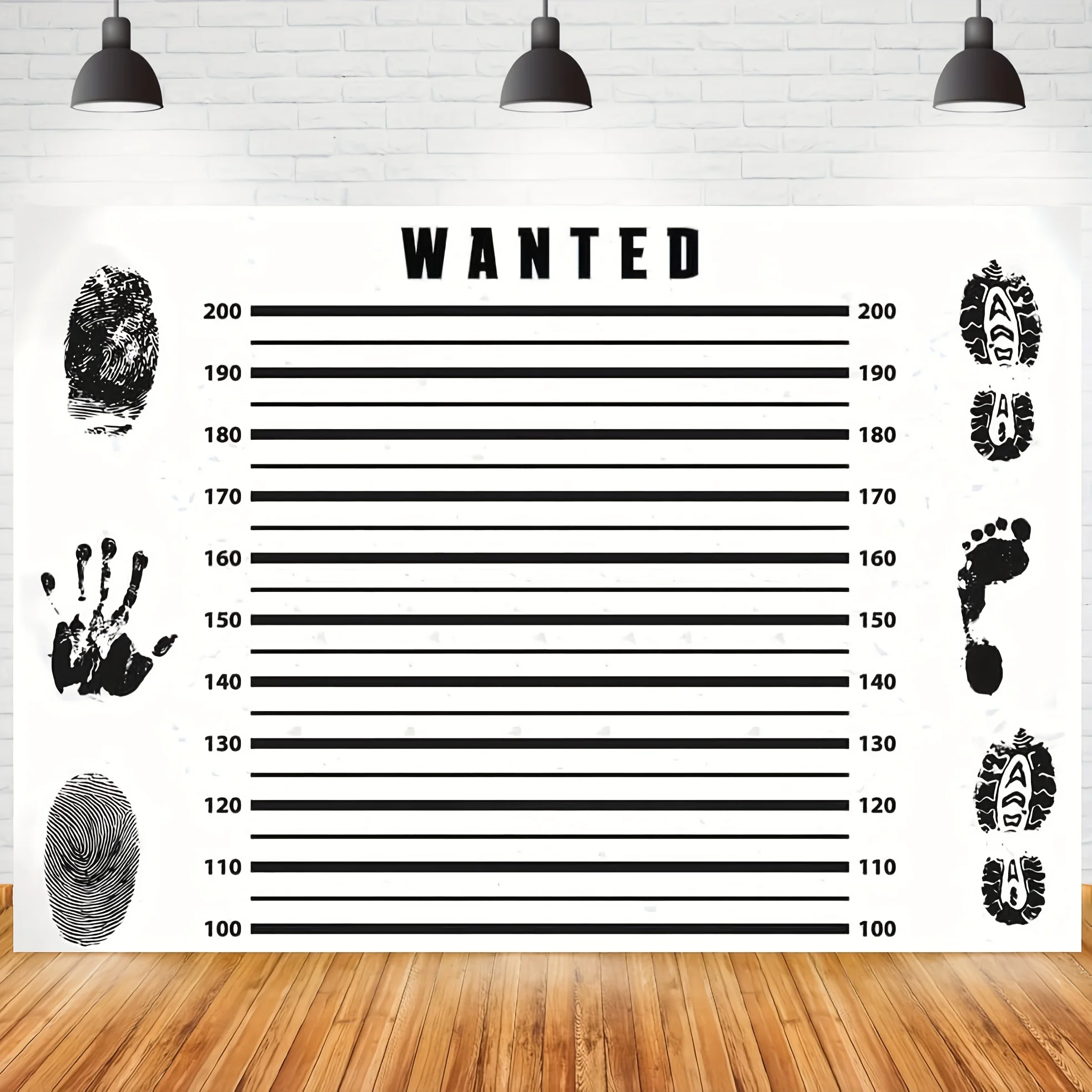 A photo booth background in the style of a missing person notice, and a lineup of suspects at a mysterious criminal party