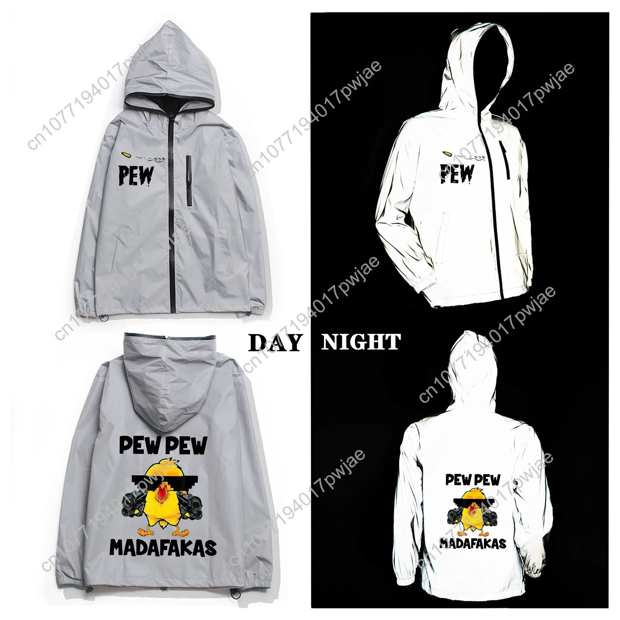 Pew Pew Madafakas Fun Pattern Reflective Jacket Mens Womens Coat Hooded Windbreaker Runing Pocket Jackets Customized Hoodie