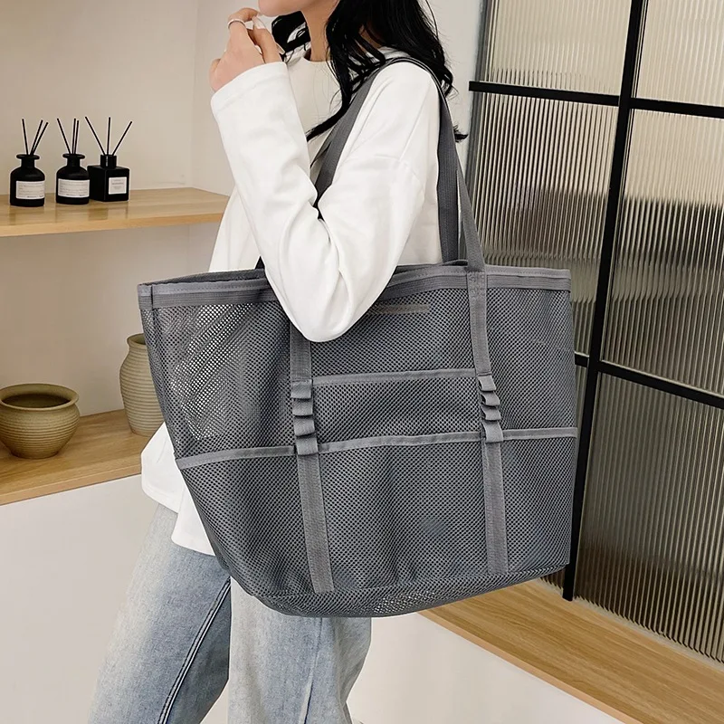 Large Capacity Canvas Beach bag Versatile Commuting Shopping Shoulder bag Lightweight Semi Transparent Mesh Hollow bag