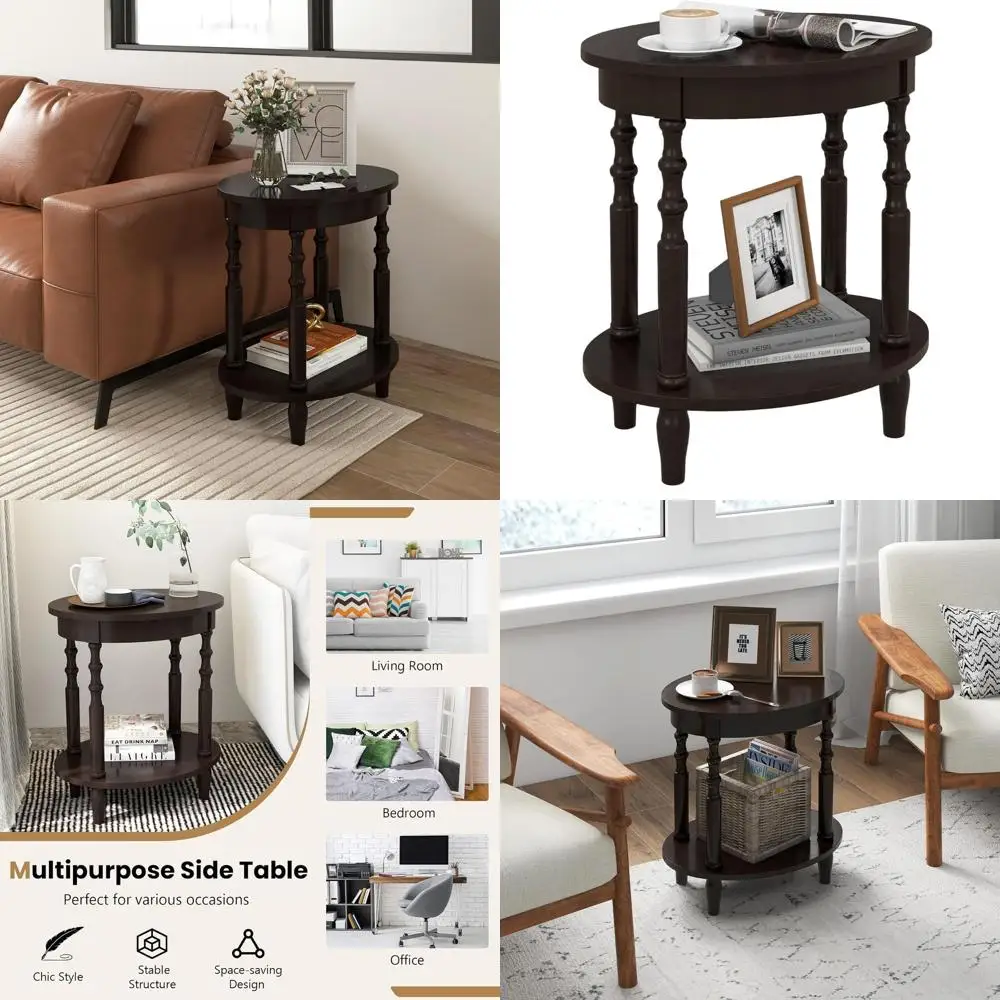 

Oval 2-Tier Side Table with Storage Shelf and Rubber Wood Legs, Antique Style Coffee Table for Living Room, Bedroom, Office, and