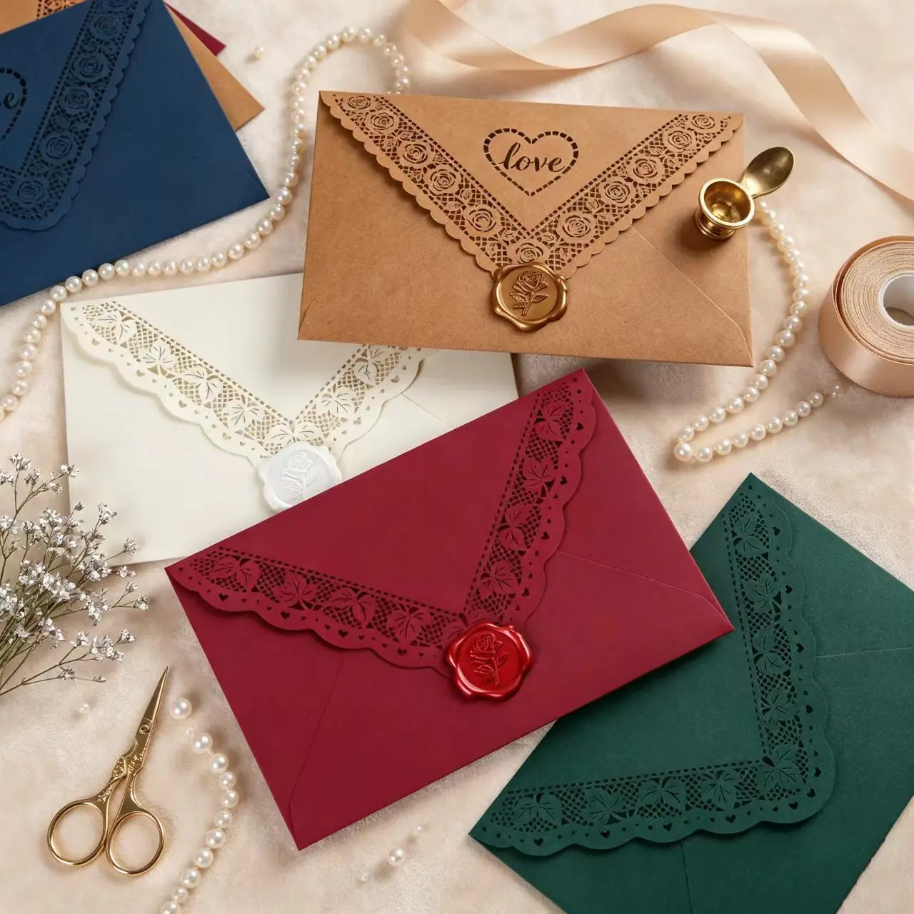 20pcs Elegant Lace Carved Triangle Envelopes17.3x11cm Western Cardstock for Wedding Invitations Love Letters Party Business