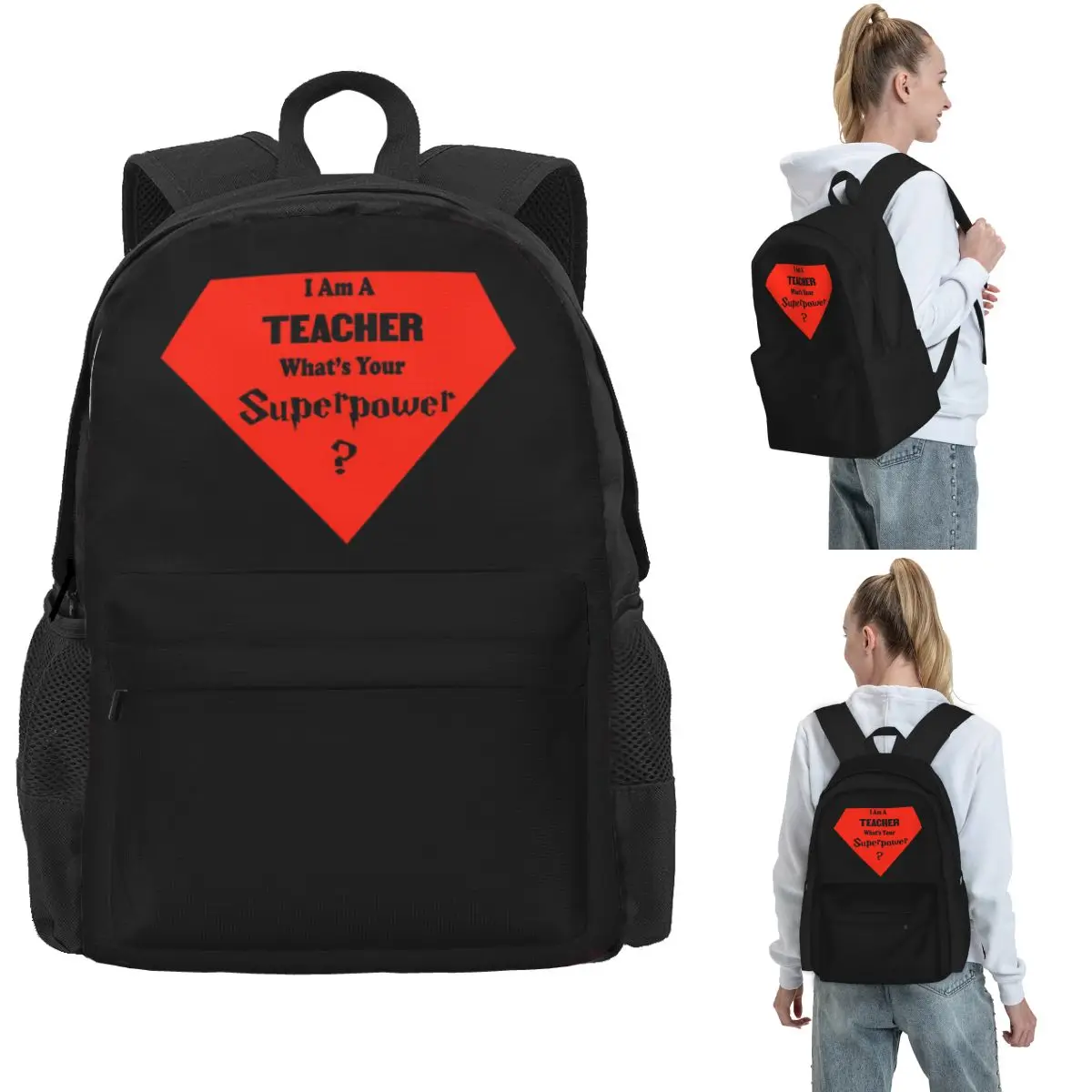 Rucksack mit Aufschrift „I Am A Teacher Whats Your Superpower“, heißer Verkauf, Tagesrucksack, große Kapazität, Büchertasche, Schultasche, Umhängetaschen für Männer und Frauen