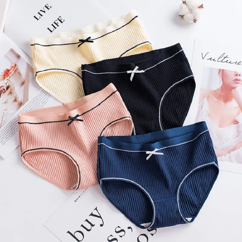 4Pcs Women's Panties Breathable Cotton Thread Panties Sexy Ribbed Lingerie Mid-Waist Underwear High Elasticity Breathable Briefs