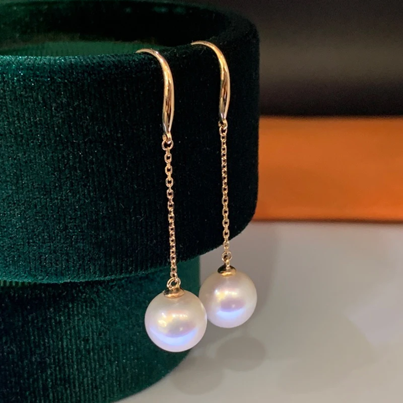 Luxury Jewelry Natural Pearl Long Earrings for Women 18K Thick Gold Setting with 9-10mm High Quality Freshwater Akoya Pearls image 4