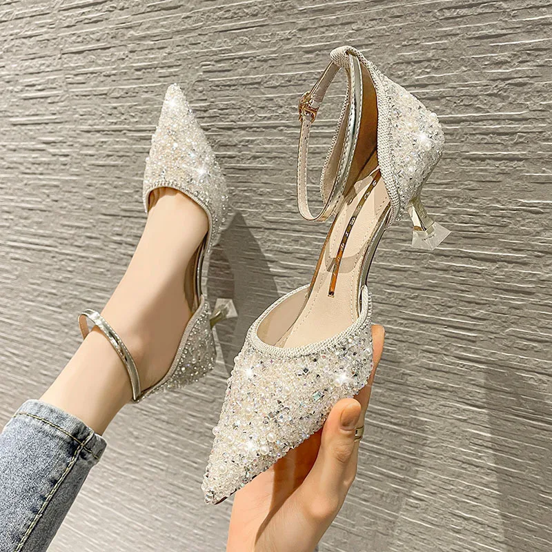 Elegant Ladies Ankle Strap Pumps High Heels Crystal Wedding Shoes Bride for Women 2022 Spring Pointed Toe Luxury Pumps Woman