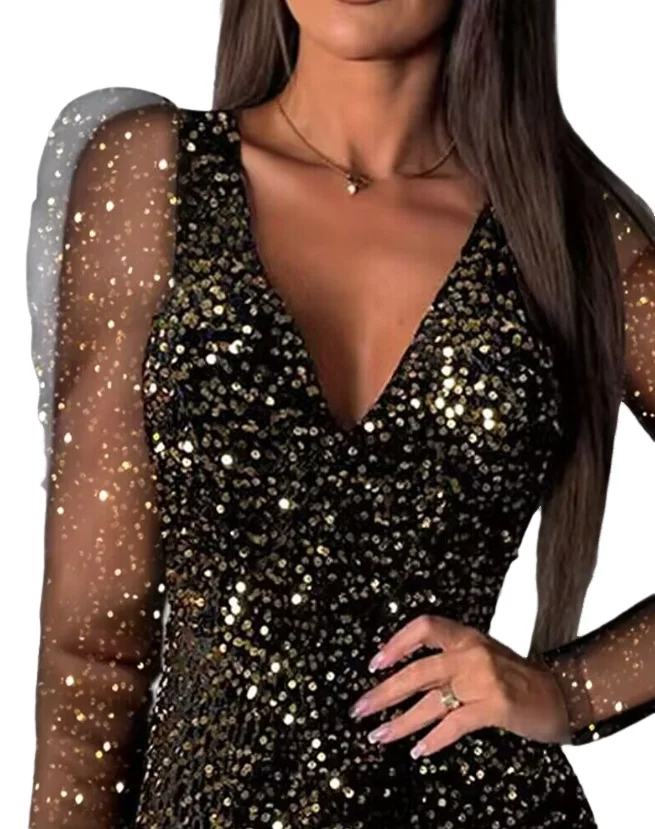 Elegant and Pretty Women's Dresses 23 Winter New Fashion V-Neck Allover Sequin Backless Criss Cross Party Dress Female Clothing