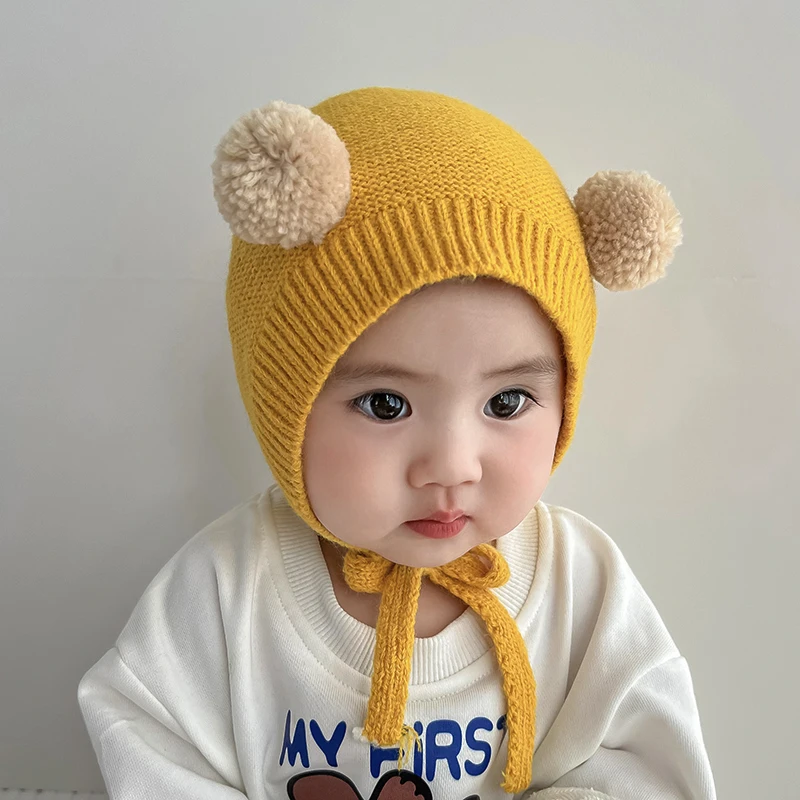 Kids Boys Girls Ear Protection Hats Winter Thicken Warm Lovely Hairball Baby Knitted Caps Children Beanies Hat