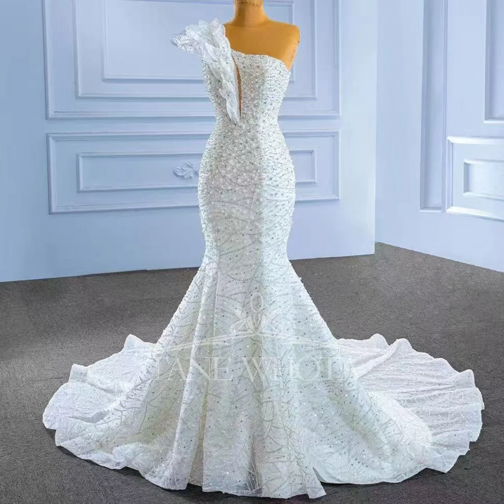 

Bruiloftsjurk One Shoulder Lace Up Back Beading Sequined Bridal Dress Trumpet Train Customized Wedding Dress Luxury