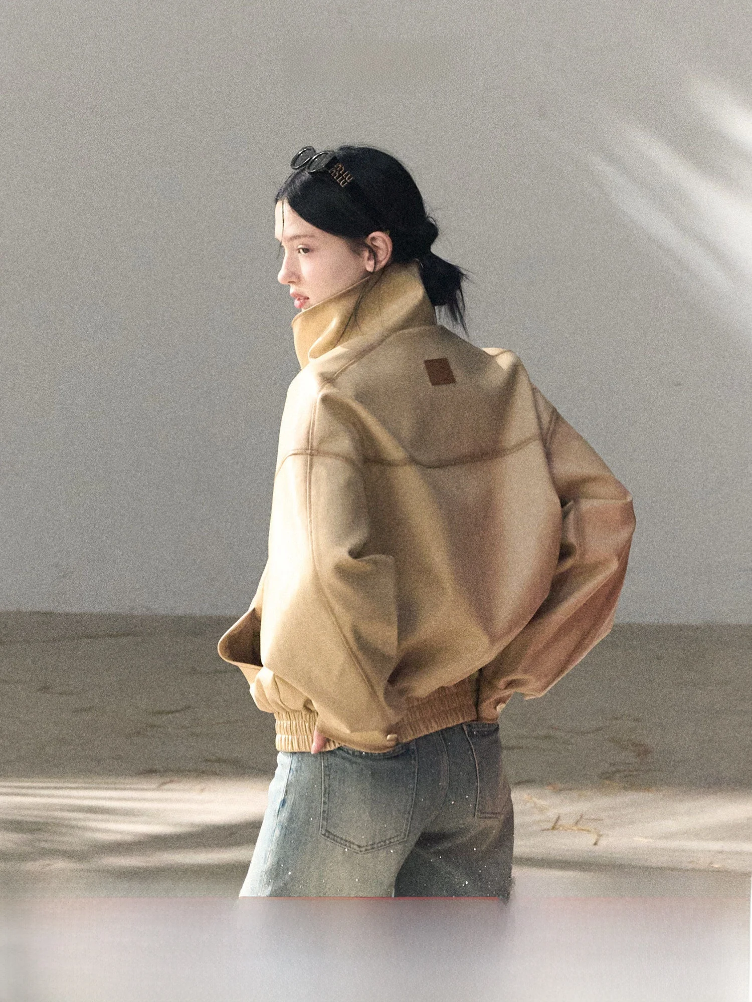 

OAKMOO Spring Seasonal Women's Short Casual Style Handmade Heavy Work Loose Fit Leather Jacket Mid-Length Zipper Coat