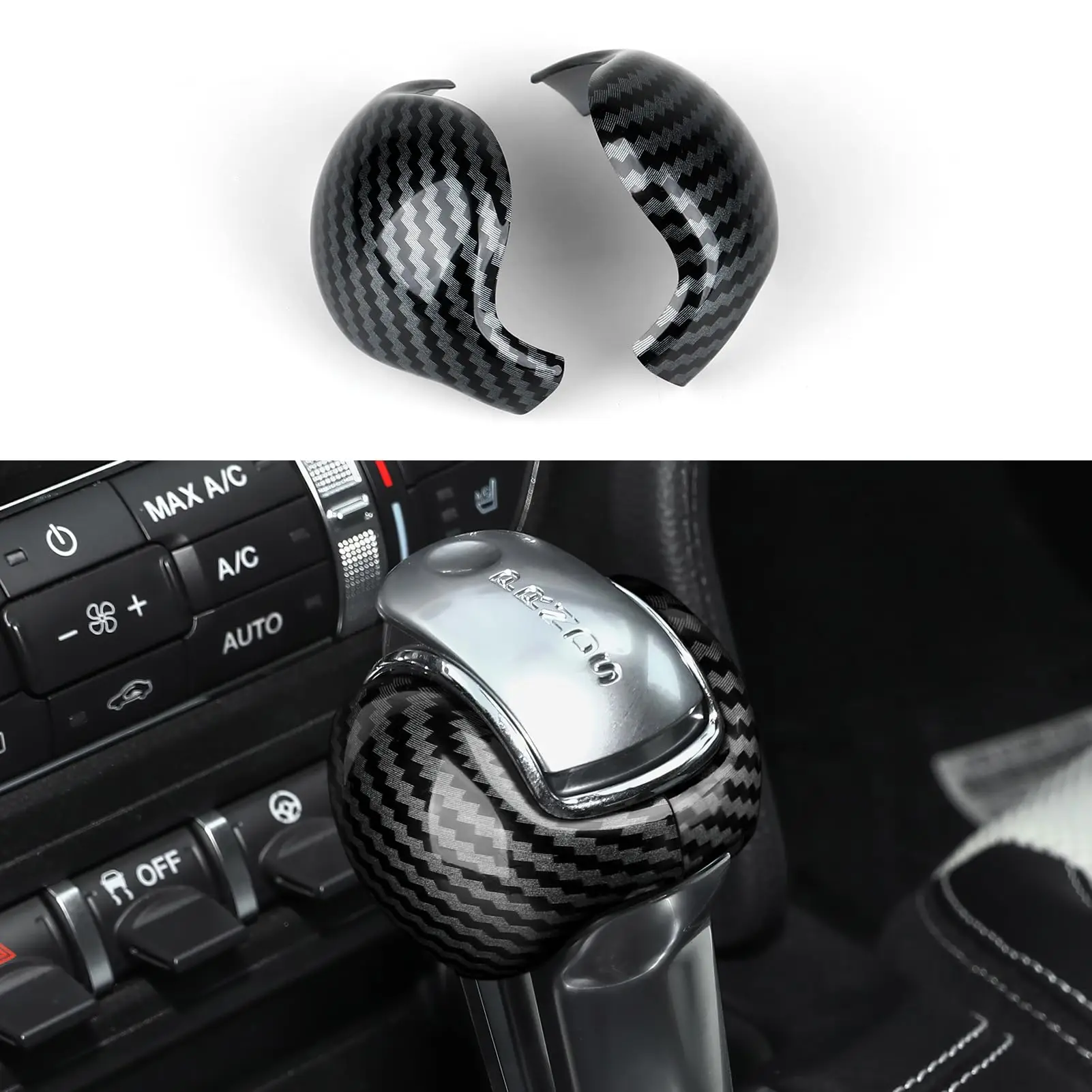 Carbon Fiber Gear Shift Knob Cover Trim for Ford Mustang 2015-2021, ABS Carbon Fiber Pattern Shift Lever Knob Protector, 2PCS In view 5