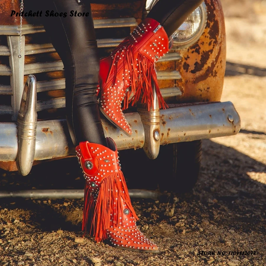 

Женские ботильоны с бахромой, украшенные кристаллами, весенне-осенние кожаные ботинки до середины икры с боковой молнией, вечерние модельные туфли на танкетке с острым носком