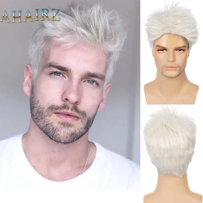 

Short Male Straight Synthetic Wig For Men White Pixie Cut Wigs High Temperature Fiber Heat Resistant