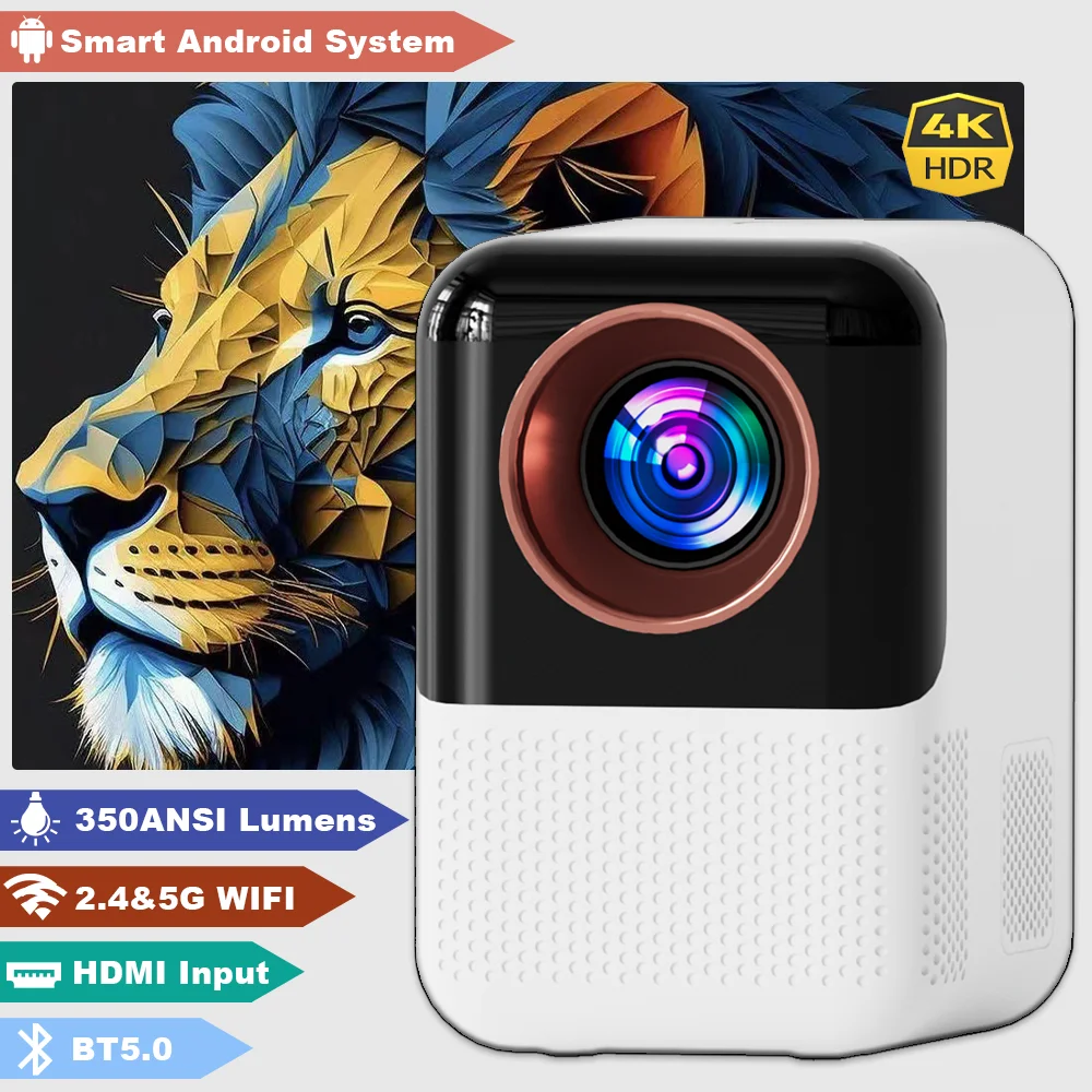 Atonsdeal Android Projector 4K 1920*1080P Native 720P 350ANSI Electric Focus 2.4&5G WIFI6 BT5.0 Home Cinema Portable Projector