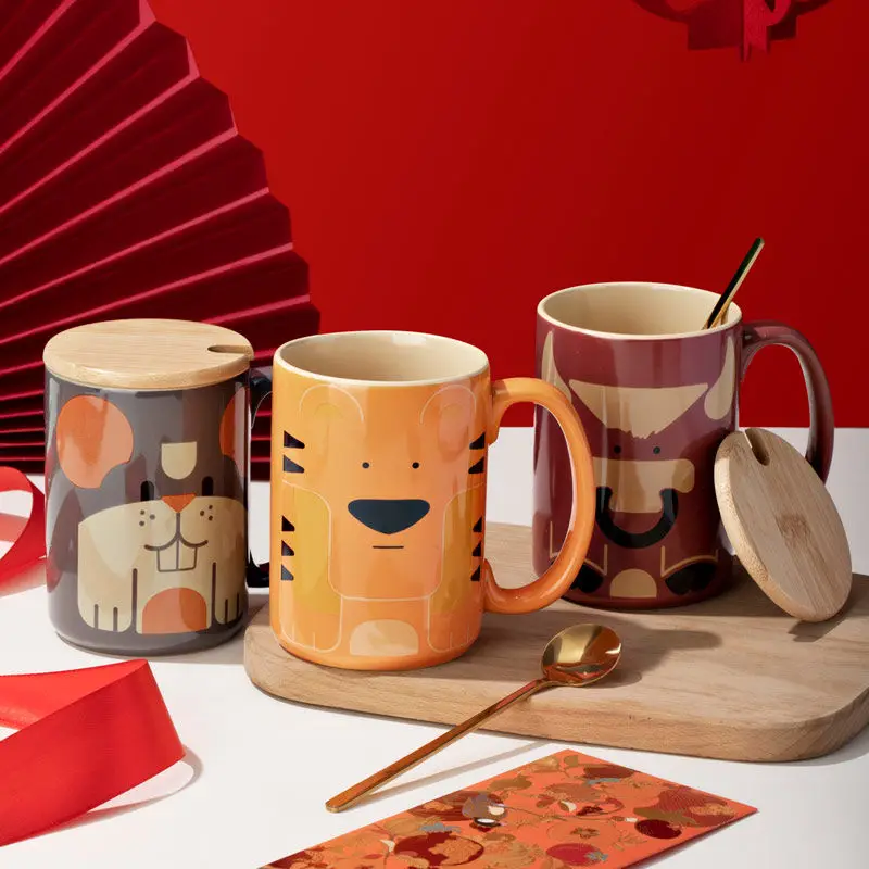 Chinese Zodiac Animal Ceramic Mug with Wooden Lid, Simple Cute, Children's Couple Home Creative Design, Breakfast Cup Drinkware