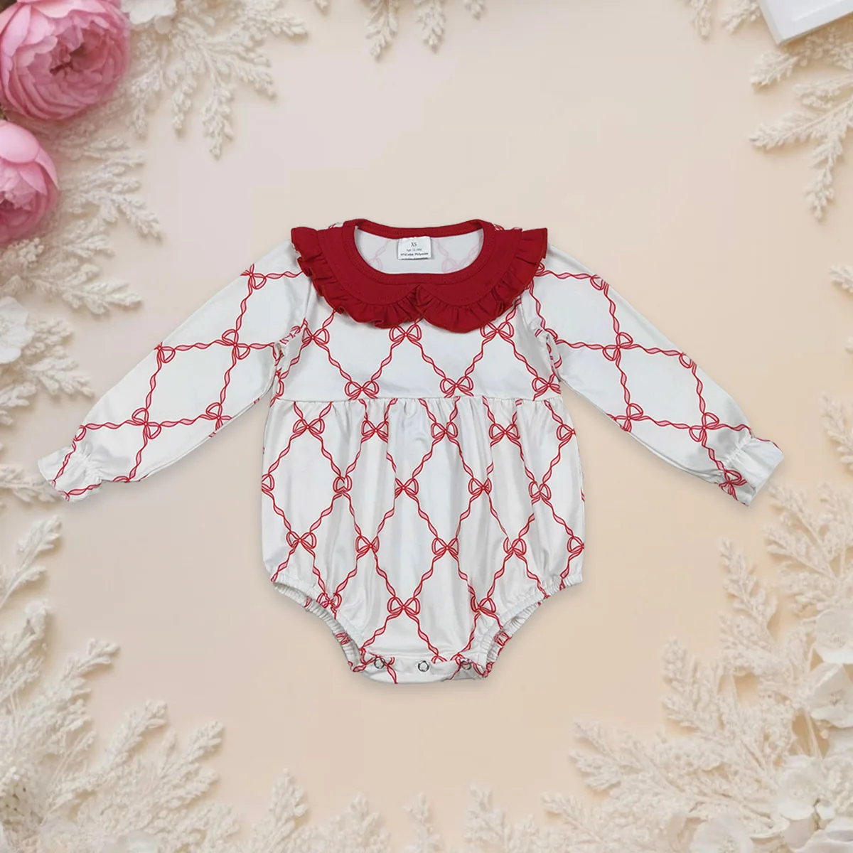 

Newborn Baby Girl Long Sleeve Red Bows Checked Bubbles Romper Jumpsuit Valentines Kids Toddler Ruffle Infant Oneises Wholesale