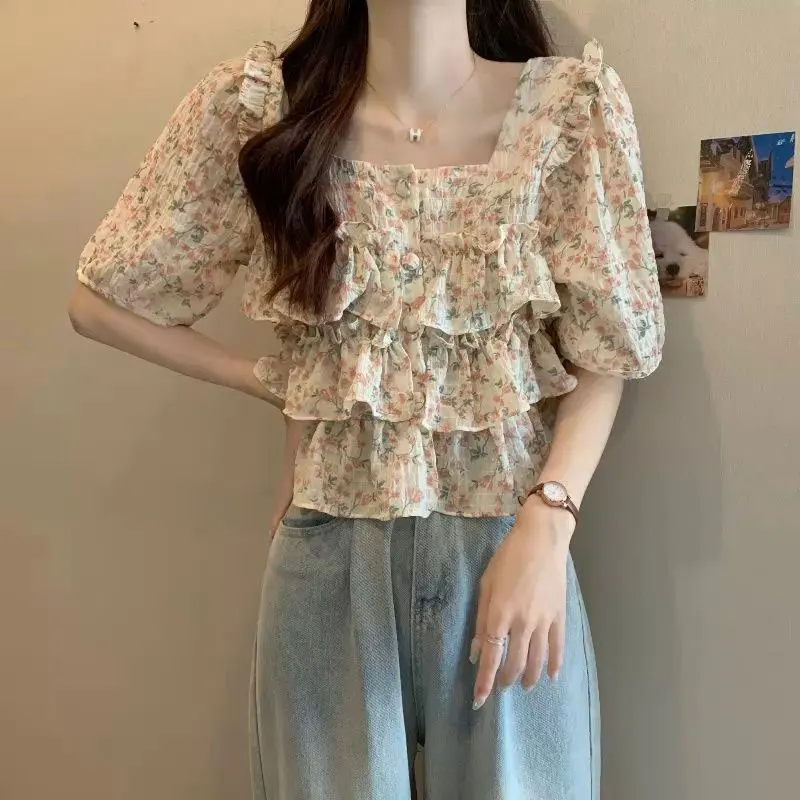 Fashion Square Collar Ruffles Blouse Folds Spliced Women\'s Clothing Sweet Broken Flowers Summer Commute Single-breasted Shirt