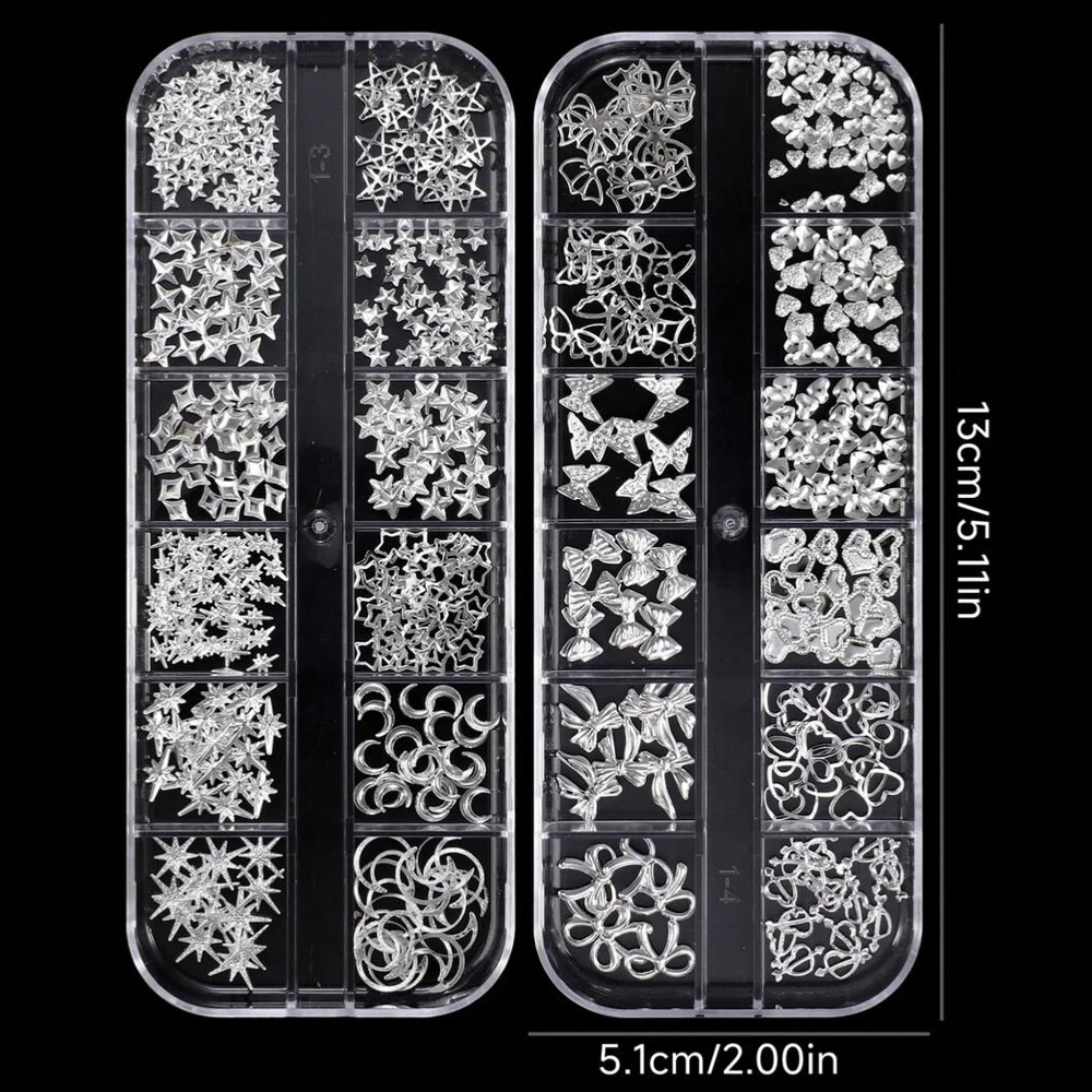 1Box 12Styles 3D Alloy Heart/Bow/Butterfly Nail Charm Silver Metallic Rivet Nail Decoration Y2K Japanese Nail Ornaments Supplies
