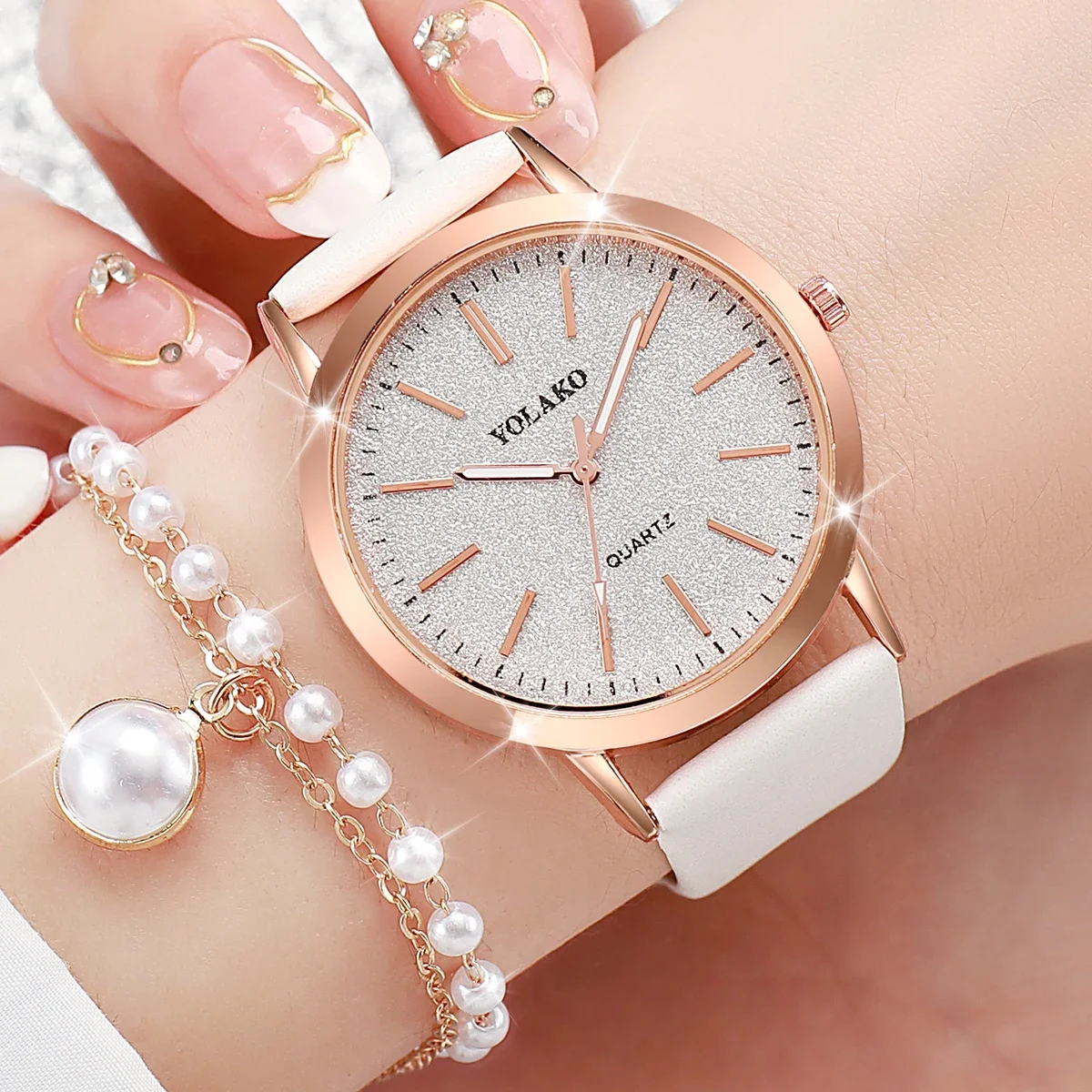 5pcs/Set Luxury Watch Women Necklace Earrings Pearl Rhinestone Wristwatch Female Casual Ladies Watches Bracelet (No Box)