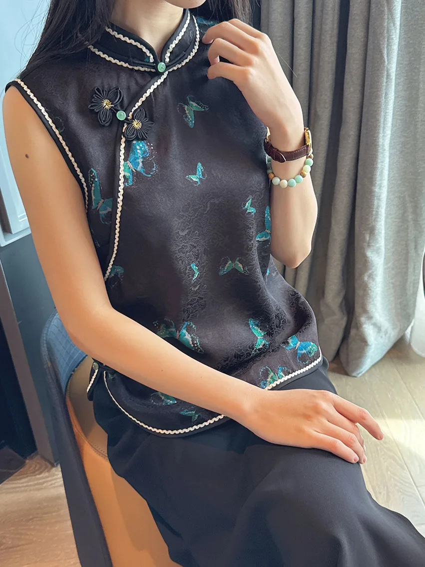 

Ele Blue Embroidered Silk Vest New Chinese Sle irt Classy Svel Women's Faion Summer 2025 Loose Fit