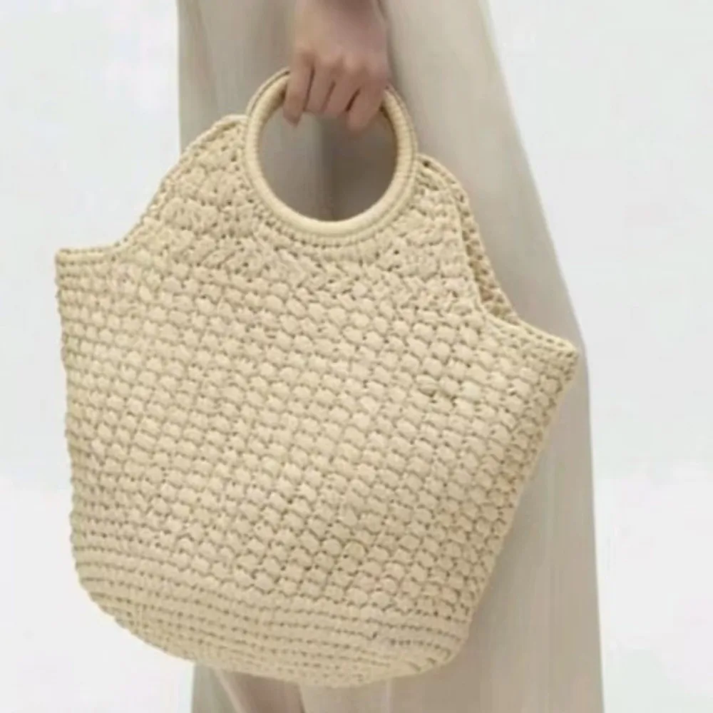 Natural Fiber Clutch Bag Pure Color Woven Straw Straw Woven Handbag Large Capacity Round Handle Elegant Handbag Summer Travel