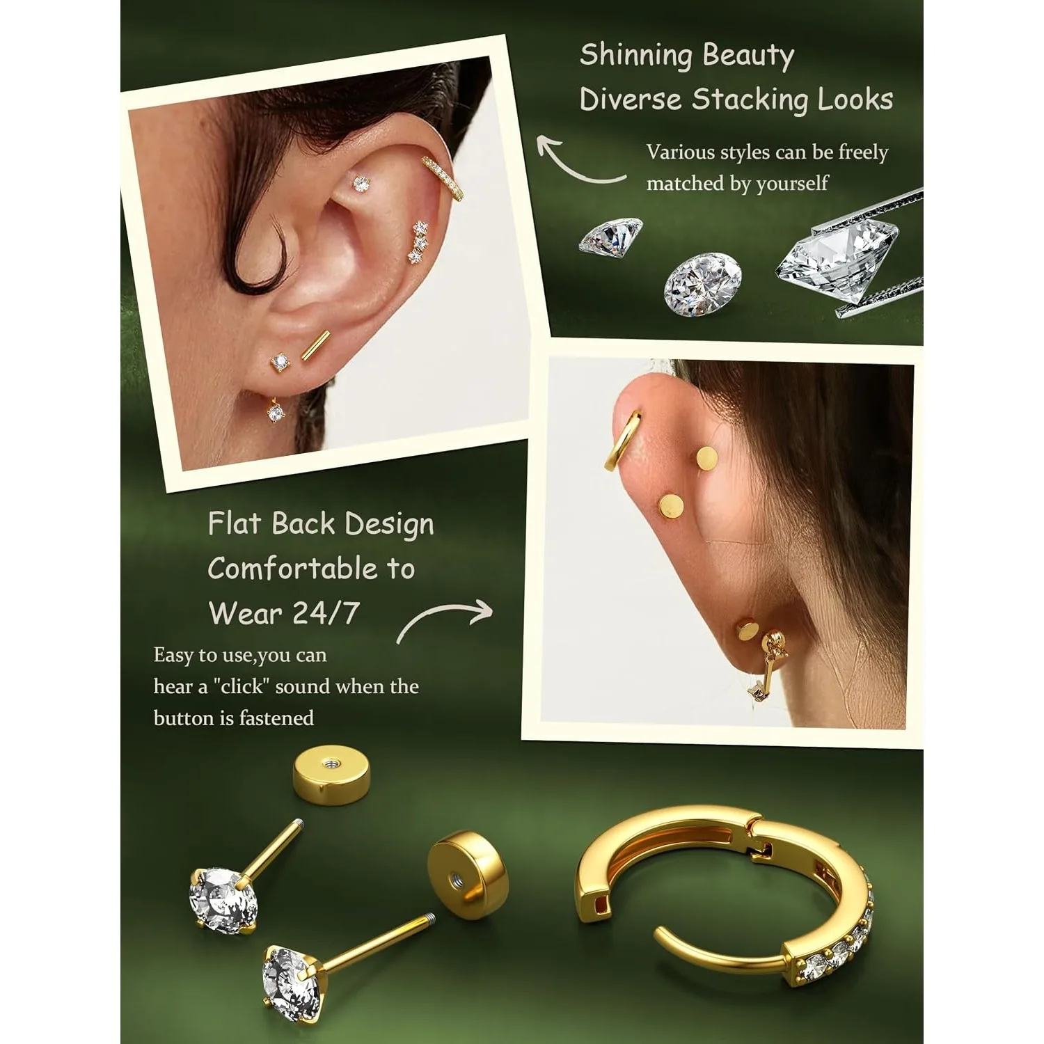 ORAZIO 9 Pairs 14K Gold Plated Hypoallergenic Earrings Women Dainty Stackable Stud Huggie Earrings 316L Steel Cartilage Jewelry