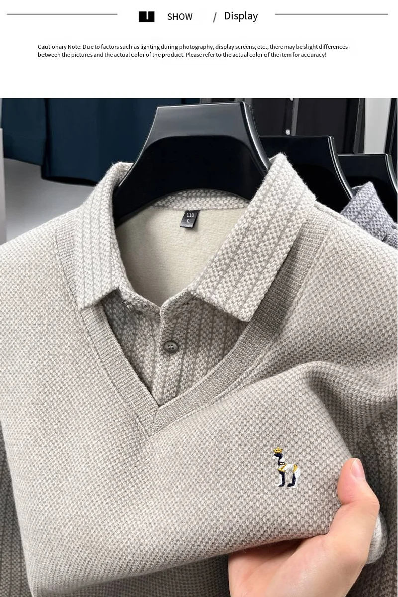 Komfortables Herren-Langarm-Poloshirt, Zweiteiliges Design mit Revers und Knöpfen, Exquisite Stickerei, Verdicktes Fleecefutter, Winter-Freizeit-Oberteil – Detail 2