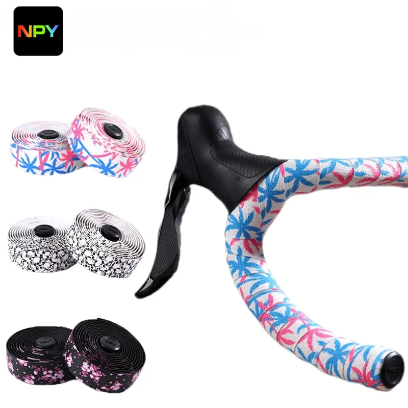 NPY Cherry Blossom Road Bike Handlebar Tapes Shock Bicycle Handle Bar Tape W/Bar End Plugs Anti-Slip Anti-Vibration Wrap Belts