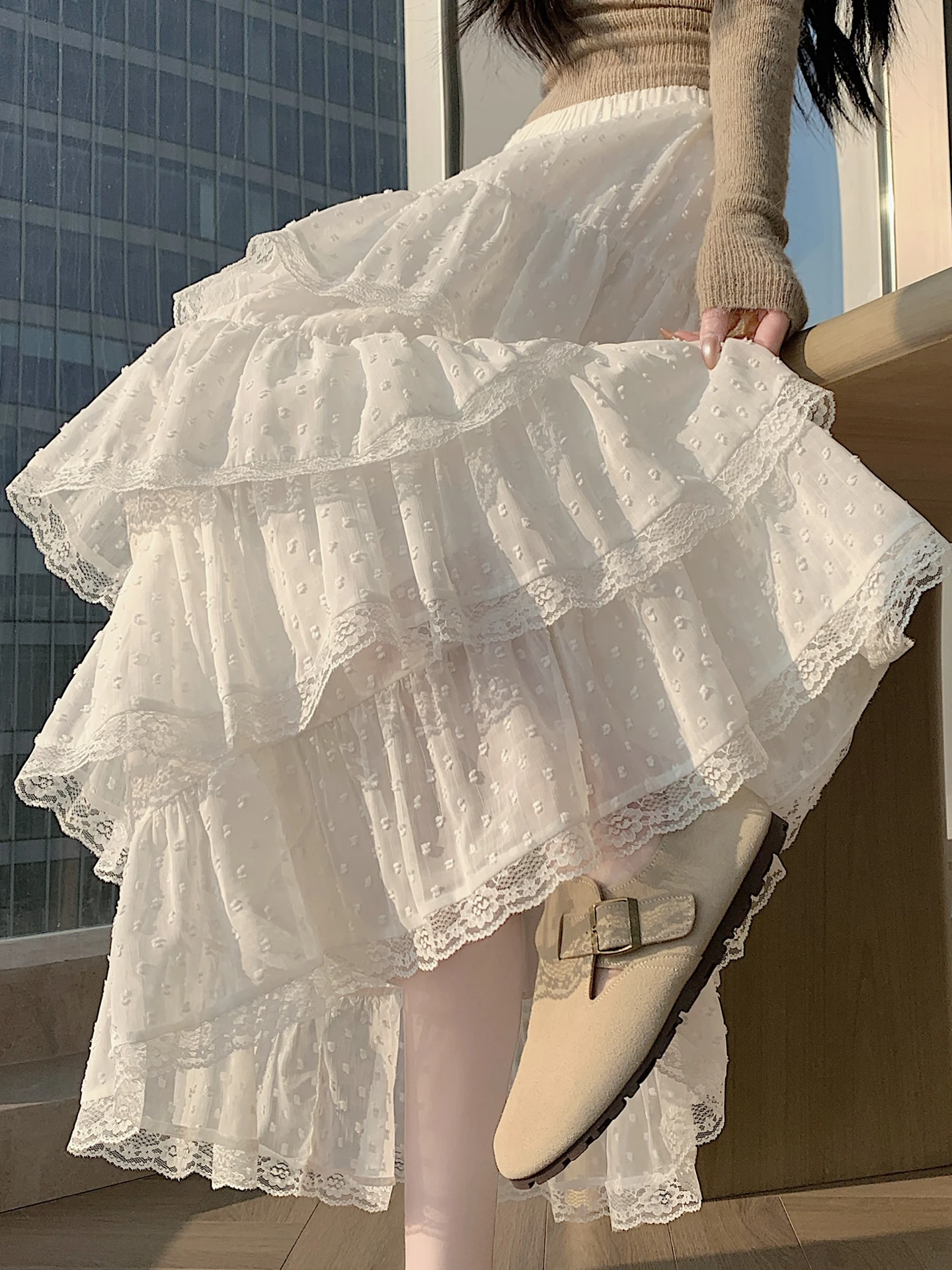 

White Lace Hem Half Skirt Cake Style A-Line Umbrella Long Skirt Women's Spring Autumn High Waist Slimming Draping Half Skirt