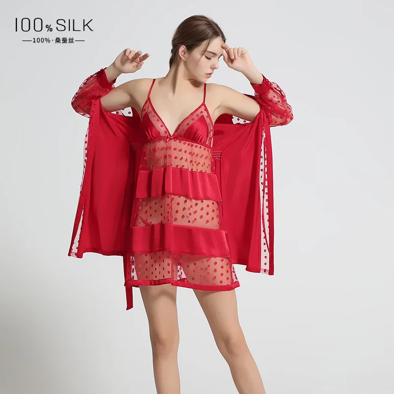 

Сексуальная прозрачная ночная рубашка из 100% шелка, кимоно, халаты, комплект из двух предметов, мини-кимоно, домашнее платье, комплекты халатов, свадебный халат PJS