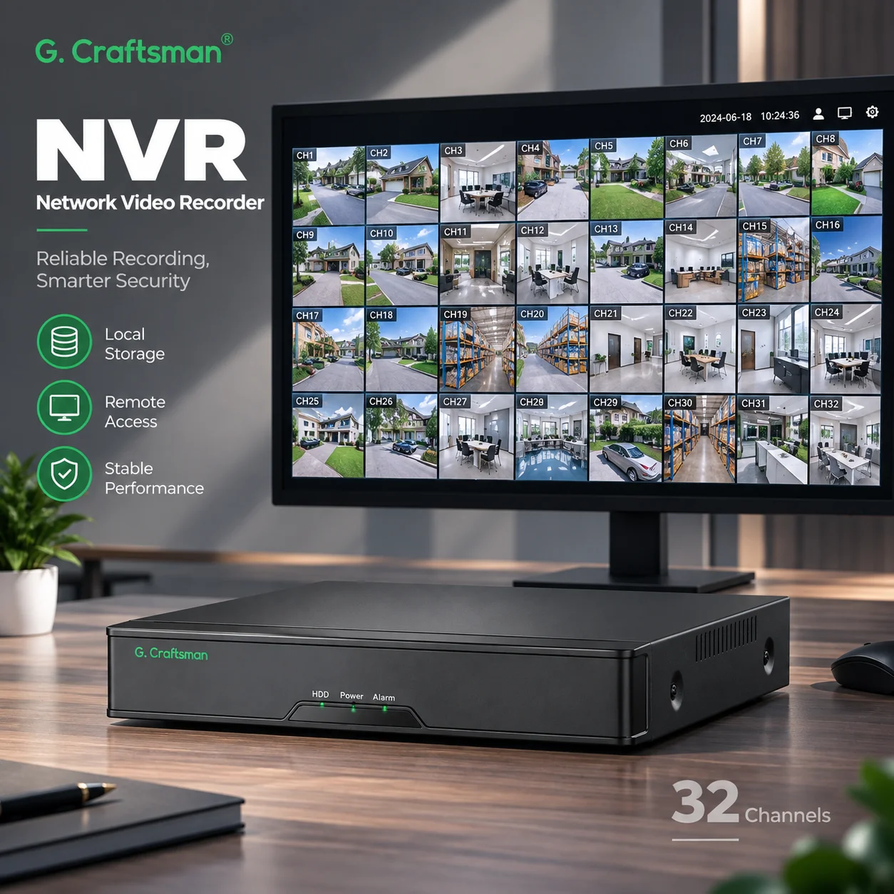 C-X,4K 32CH NVR Complete Surveillance at a Glance H.265 24/7 Recording Playback HDMI Video Recorder G.Craftsman,GX-N8032H2
