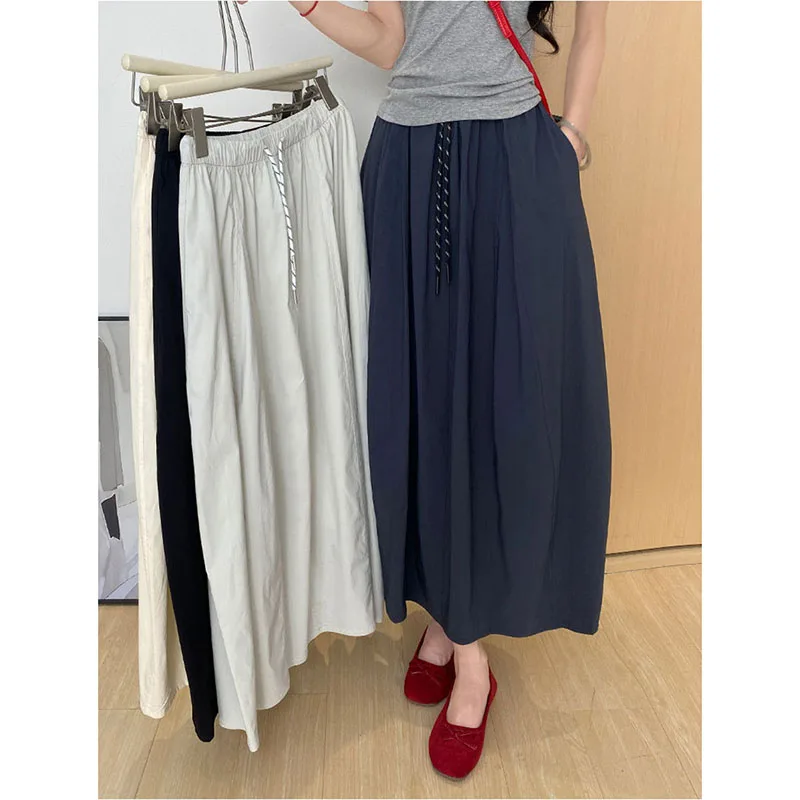 Harajuku Loose Oversized Long Skirts Women Summer Quick Drying Ice Silk Midi Skirt Female Solid Color Versatile Casual Skirts