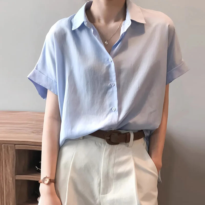 

Japanese Style 's Short Sleeve New Summer Thin Workwear Blue Shirt Women's Top