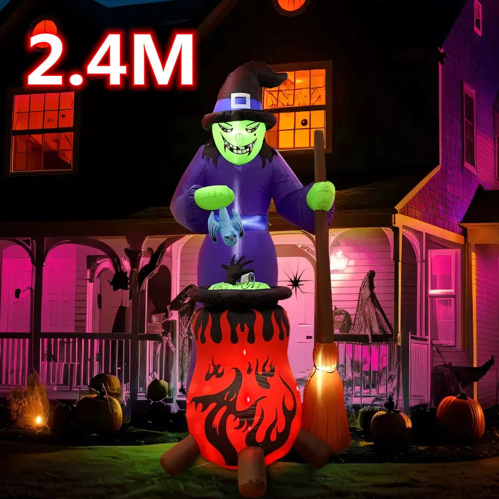 2.4M Halloween Inflatable Witch Boiling Pill Decoration with LED Flame Lamp Outdoor Courtyard Decor Home Garden Festival Props