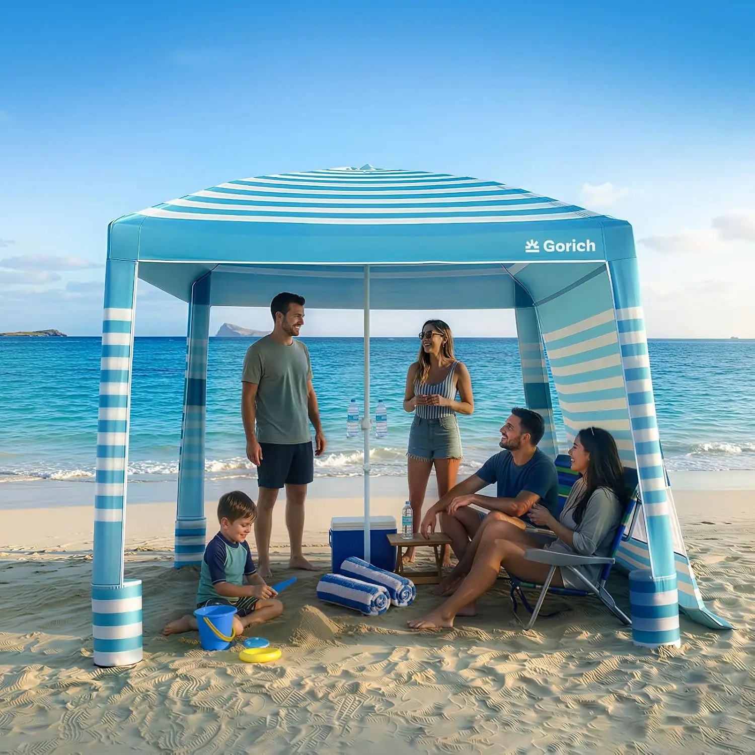 Beach Cabana with UPF50+ UV Protection, 8x8 FT/10x10 FT Beach Canopy Tent with Side Wall, Easy Setup, Windproof Portable Sun She