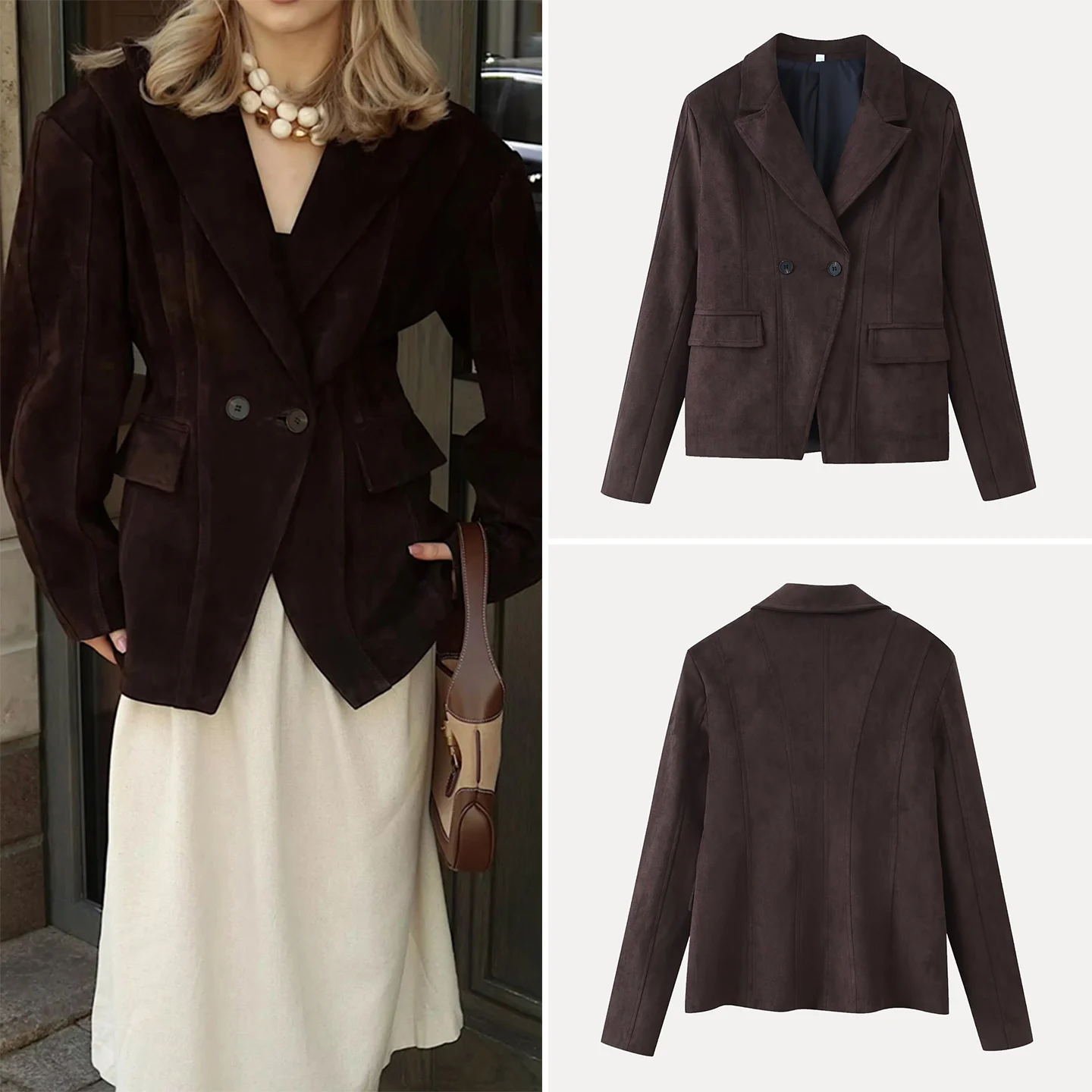 

Ele Suede Jaet Women's Faionable Waist-Cinching Collar Stand-Up Autumn New Arrival Double-Button Long Sve Coat