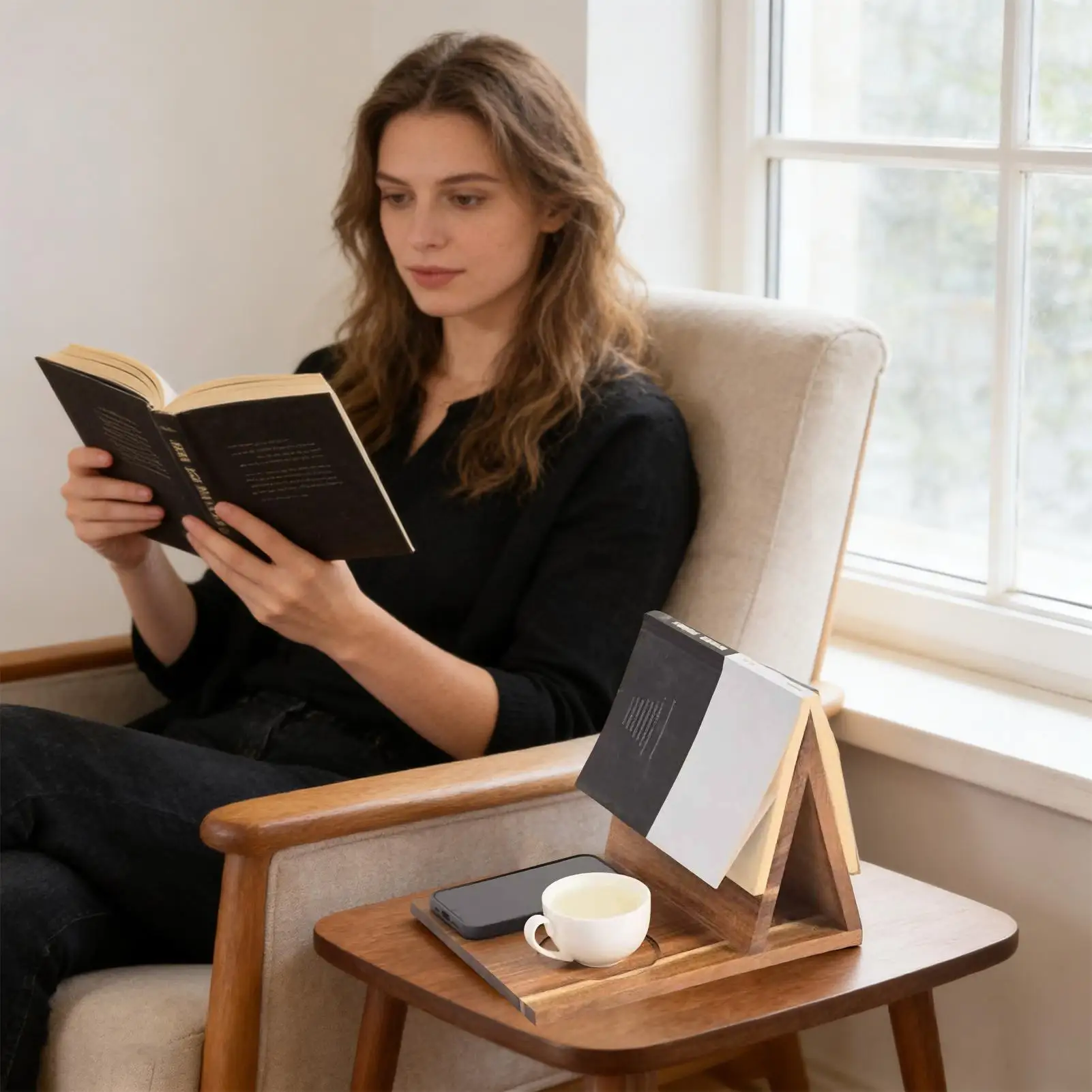 

Деревянная подставка для книг с чашкой, слот для телефона, подставка для чтения, прикроватный держатель для книг для домашнего декора, спальни, гостиной, офиса