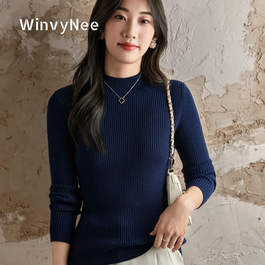 

WinvyNee Women's 100% Cotton Ribbed Half High Collar Slim Fit Soft Touch Warm Cozy Stylish Long Sleeve Solid Pullover A1092022
