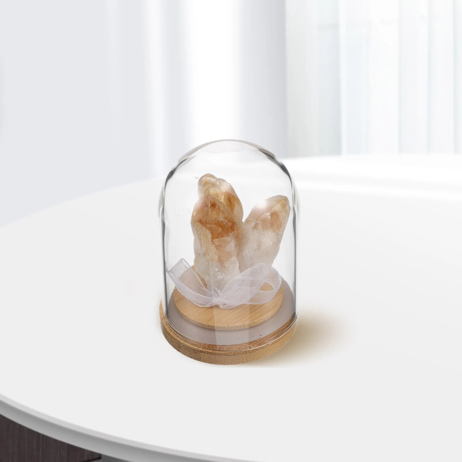 

Crystal Tooth Miniature Landscape Wishing Bottle Glass Dome Wooden Base Natural Elements Office Desk Decor Meditation Healing
