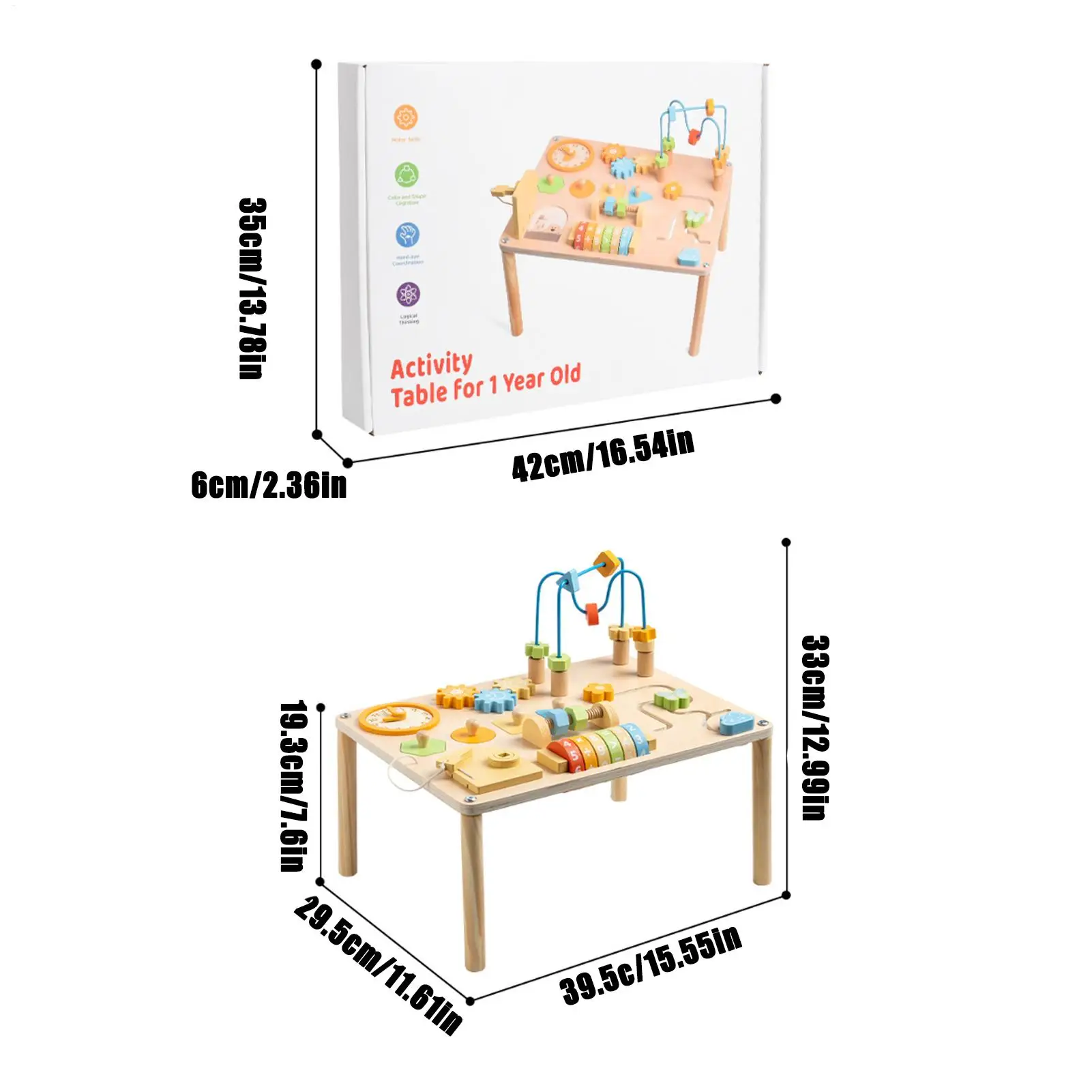โต๊ะกิจกรรมไม้สำหรับเด็กวัยหัดเดิน เรียนรู้ทักษะพัฒนาการก่อนวัยเรียน ของเล่นมอนเตสซอรี่พร้อมตัวเรียงรูปทรงและเขาวงกตลูกปัด
