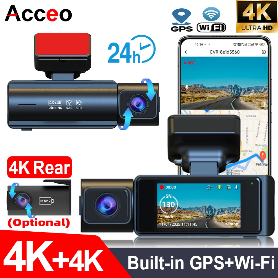 

Видеорегистратор 4K Ultra HD с 2 каналами, GPS, Wi-Fi, круглосуточным мониторингом парковки, ночным видением, поворотным объективом, опциональная задняя камера 4K