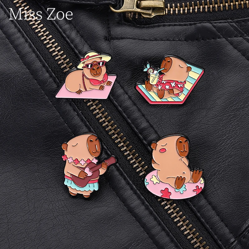 Capybara On A Leisurely Vacation Enamel Pins The Capybara Playing The Guitar And Singing Brooches Backpack Badge Pretty Jewelry