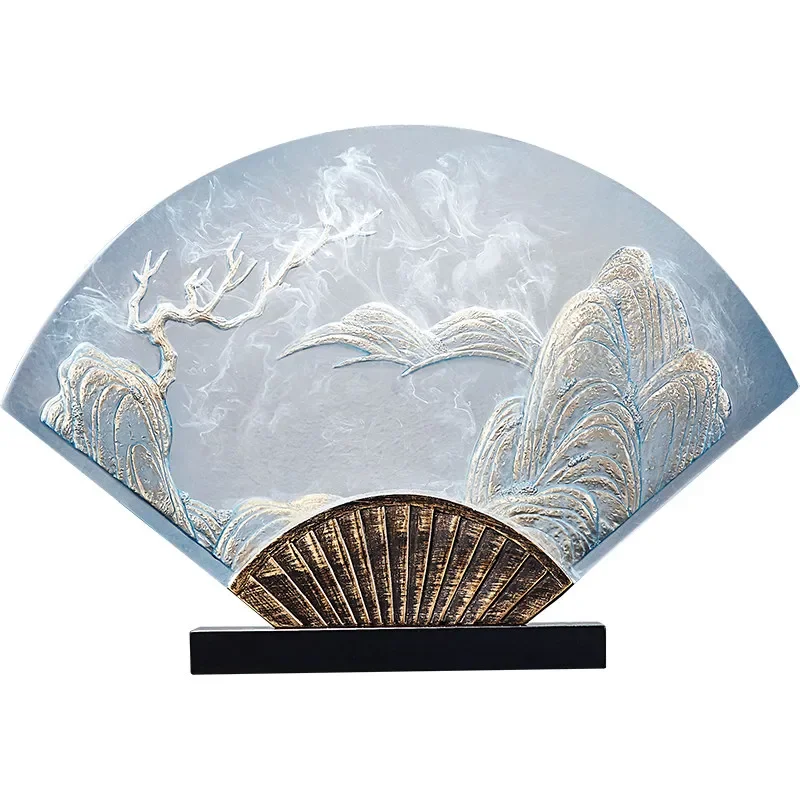 Chinese Transparent Resin Fan Ornaments Fengshui Home Livingroom Table Figurine Decoration Office Desktop Landscape Mural Crafts