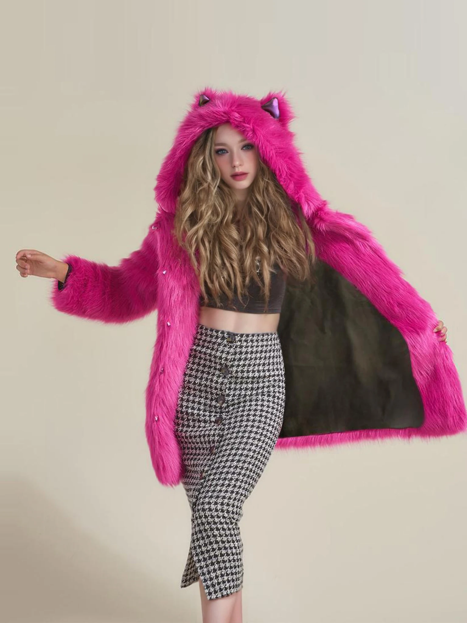 FHILLINUO Solid Color Loose Fur Long Coat Autumn And Winter New Item Lapel Long Sleeved Warm Coat For Women