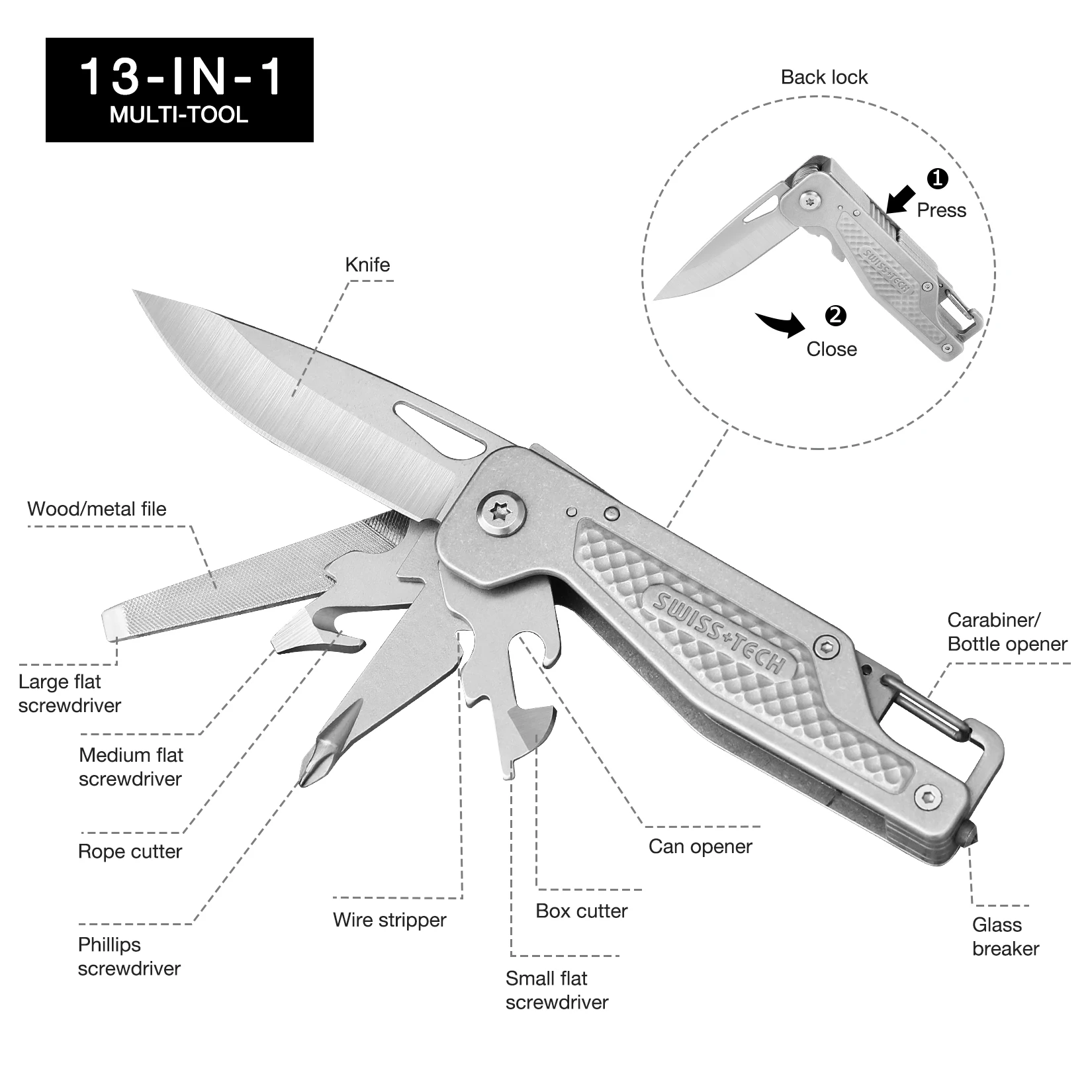 SWISS TECH 13 in 1 Multi-Tool Folding Mutifunctional Knife Screwdriver Can Opener Wire Stripper Outdoor Pocket Tool