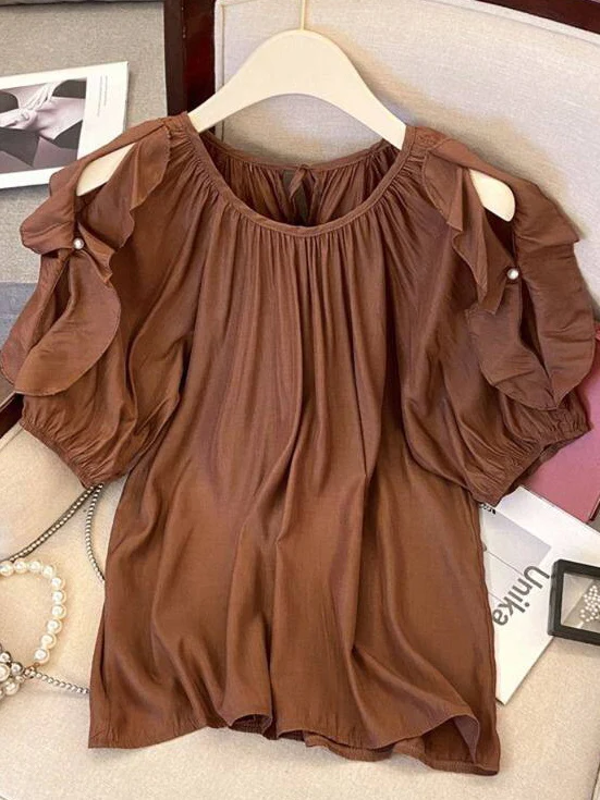 

Loose plus Size Women's Short Sleeve Chiffon Top Summer Slimming Belly Covering Shoulder Bared Korean Style Bubble Sleeve Shirt