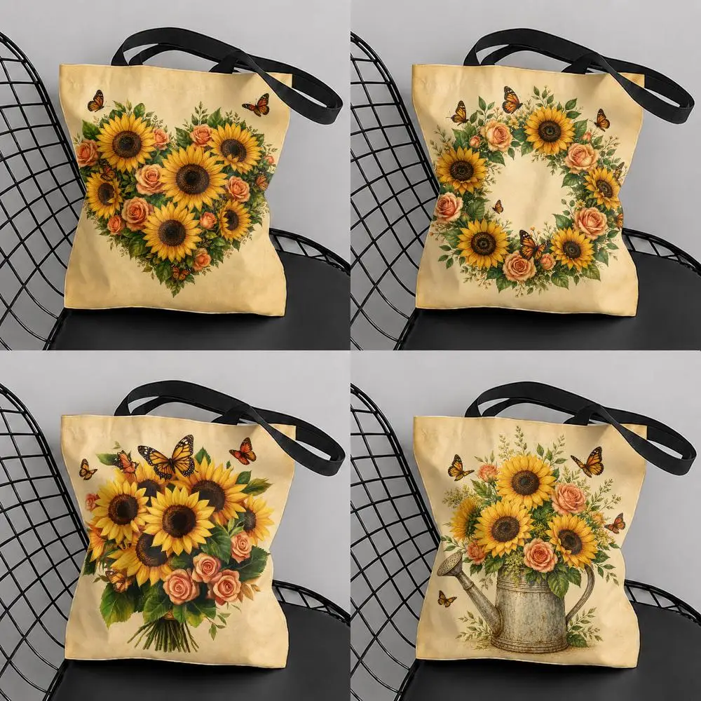 Sunflower Garden Florals Storage Bags Large Capacity Canvas Tote Bag Reusable Shoulder Handbag for Daily Shopping Travel