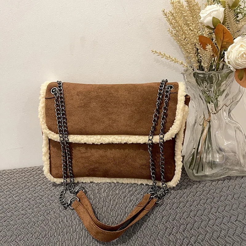 Winter Large Capacity Faux Suede Chain Crossbody Bag Fashion Lamb Wool Splice Square Bag High-End Texture Women New Shoulder Bag