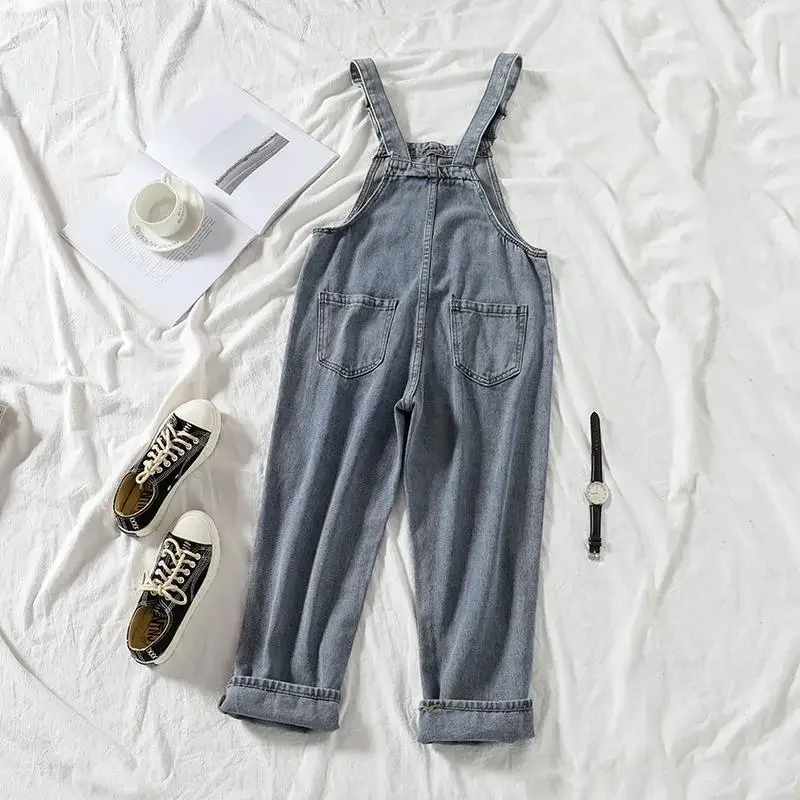 Denim Jumpsuits Women Vintage Streetwear Korean Style High Waist Jumpsuit Retro All-match Pockets Loose Suspenders Trousers Chic