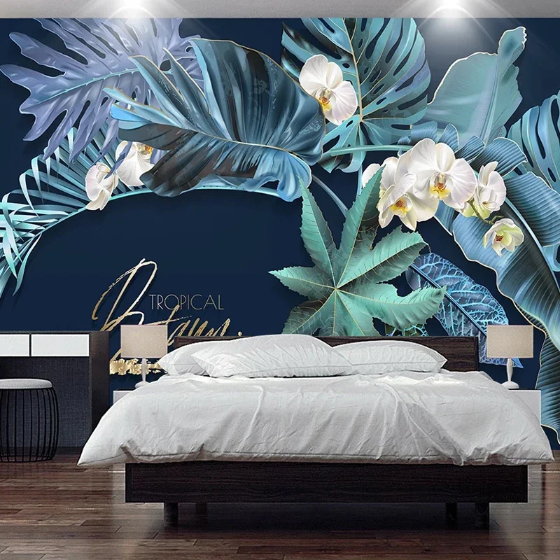 

Photo Wallpaper 3D Stereo Blue Leaf Flowers Mural Living Room Bedroom Home Decor Tropical Plants Wall Painting Papel De Parede