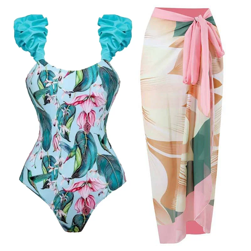 

2025 One Piece Swimwear Women Biquini Skirt Cover Up Floral Printed Ruffle Bikini Brazilian Bathing Suit Tankini Swimsuits Women